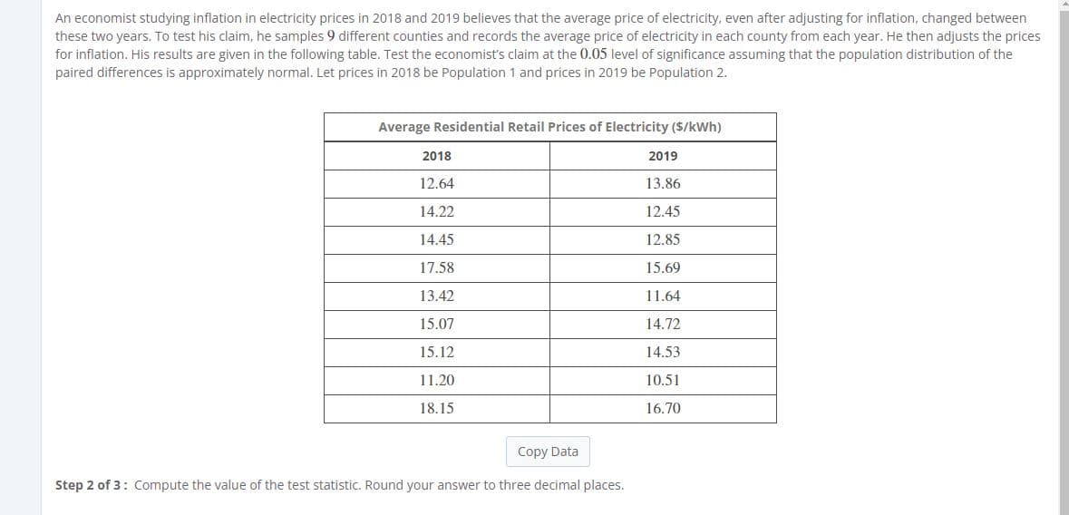 An economist studying inflation in electricity prices in 2018 and 2019 believes that the average price of electricity, even after adjusting for inflation, changed between
these two years. To test his claim, he samples 9 different counties and records the average price of electricity in each county from each year. He then adjusts the prices
for inflation. His results are given in the following table. Test the economist's claim at the 0.05 level of significance assuming that the population distribution of the
paired differences is approximately normal. Let prices in 2018 be Population 1 and prices in 2019 be Population 2.
Average Residential Retail Prices of Electricity ($/kWh)
2018
2019
12.64
13.86
14.22
12.45
14.45
12.85
17.58
15.69
13.42
11.64
15.07
14.72
15.12
14.53
11.20
10.51
18.15
16.70
Copy Data
Step 2 of 3: Compute the value of the test statistic. Round your answer to three decimal places.
