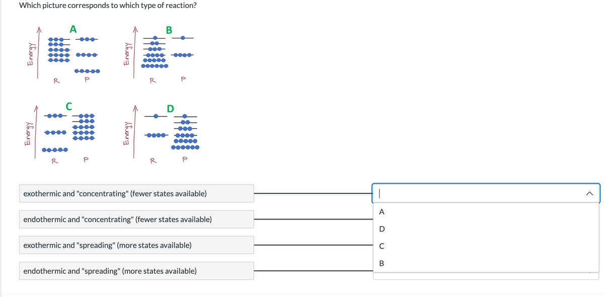 Which picture corresponds to which type of reaction?
A
В
R
R
P
C
D
R
R
exothermic and "concentrating" (fewer states available)
A
endothermic and "concentrating" (fewer states available)
D
exothermic and "spreading" (more states available)
В
endothermic and "spreading" (more states available)
