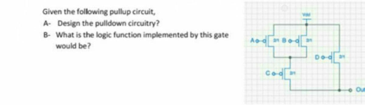 Given the following pullup circuit,
A- Design the pulldown circuitry?
B- What is the logic function implemented by this gate
Aoda 8o-d an
would be?
Dod
