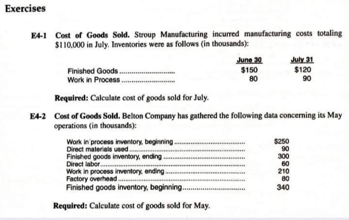 Exercises
E4-1 Cost of Goods Sold. Stroup Manufacturing incurred manufacturing costs totaling
$110,000 in July. Inventories were as follows (in thousands):
Finished Goods.
Work in Process.
Work in process inventory, beginning..
Direct materials used..
June 30
$150
80
Required: Calculate cost of goods sold for July.
E4-2 Cost of Goods Sold. Belton Company has gathered the following data concerning its May
operations (in thousands):
Finished goods inventory, ending
Direct labor...
Work in process inventory, ending.
Factory overhead.
Finished goods inventory, beginning.
Required: Calculate cost of goods sold for May.
July 31
$120
90
$250
90
300
60
210
80
340