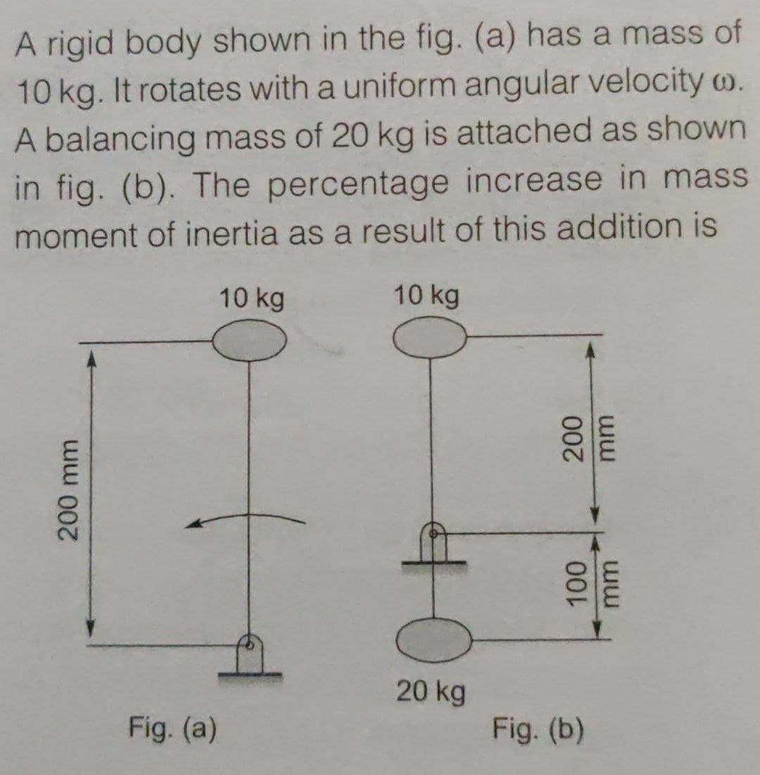 A rigid body shown in the fig. (a) has a mass of
10 kg. It rotates with a uniform angular velocity w.
A balancing mass of 20 kg is attached as shown
in fig. (b). The percentage increase in mass
moment of inertia as a result of this addition is
10 kg
10 kg
20 kg
Fig. (a)
Fig. (b)
