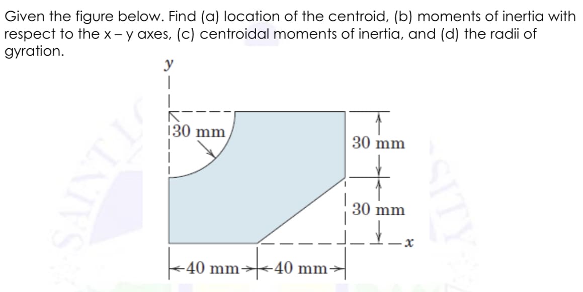 Given the figure below. Find (a) location of the centroid, (b) moments of inertia with
respect to the x- y axes, (c) centroidal moments of inertia, and (d) the radii of
gyration.
y
130 mm
30 mm
30 mm
-40 mm→-40 mm→
SITY
