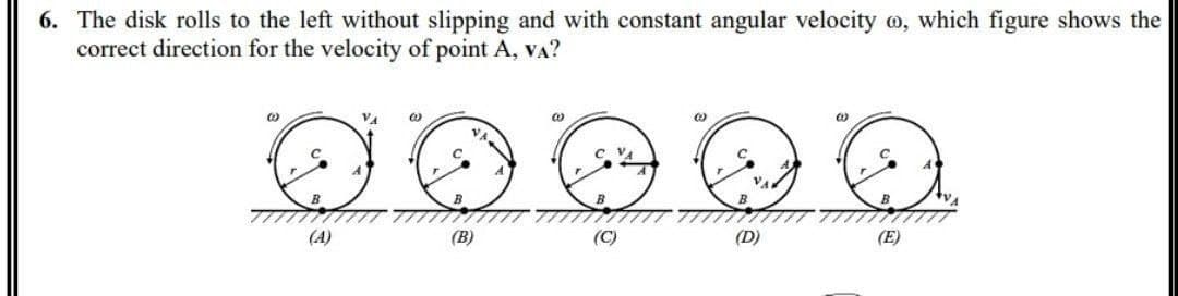 6. The disk rolls to the left without slipping and with constant angular velocity m, which figure shows the
correct direction for the velocity of point A, VA?
VA
VA.
VA
(A)
(B)
(C)
(D)
(E)

