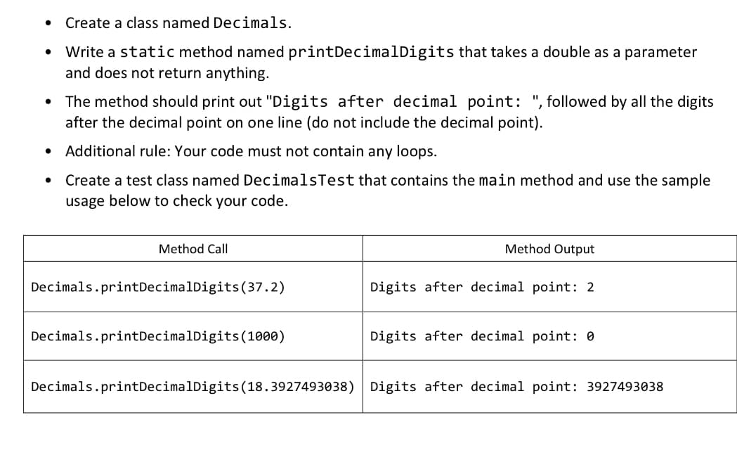 ● Create a class named Decimals.
Write a static method named printDecimalDigits that takes a double as a parameter
and does not return anything.
●
●
●
The method should print out "Digits after decimal point: ", followed by all the digits
after the decimal point on one line (do not include the decimal point).
Additional rule: Your code must not contain any loops.
Create a test class named DecimalsTest that contains the main method and use the sample
usage below to check your code.
Method Call
Decimals.print DecimalDigits (37.2)
Decimals.print DecimalDigits (1000)
Method Output
Digits after decimal point: 2
Digits after decimal point: 0
Decimals.printDecimalDigits (18.3927493038) Digits after decimal point: 3927493038