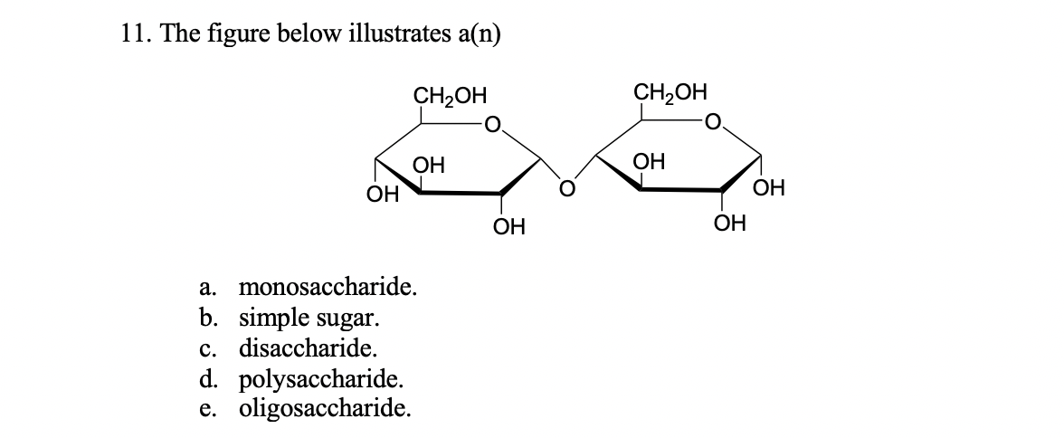 11. The figure below illustrates a(n)
CH2OH
CH2OH
ОН
ОН
ОН
ОН
ОН
ОН
a. monosaccharide.
b. simple sugar.
c. disaccharide.
d. polysaccharide.
e. oligosaccharide.
