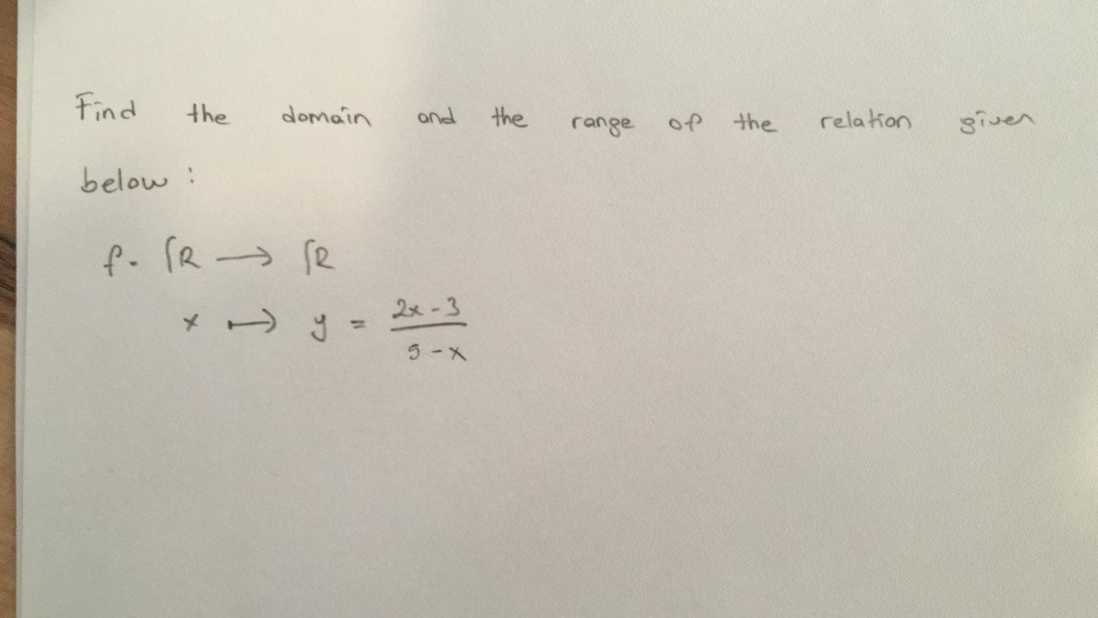 Find
the
domain
and
the
range
of the
relation
giver
below :
f. [R→ fe
* ラ
2x -3
%3D
