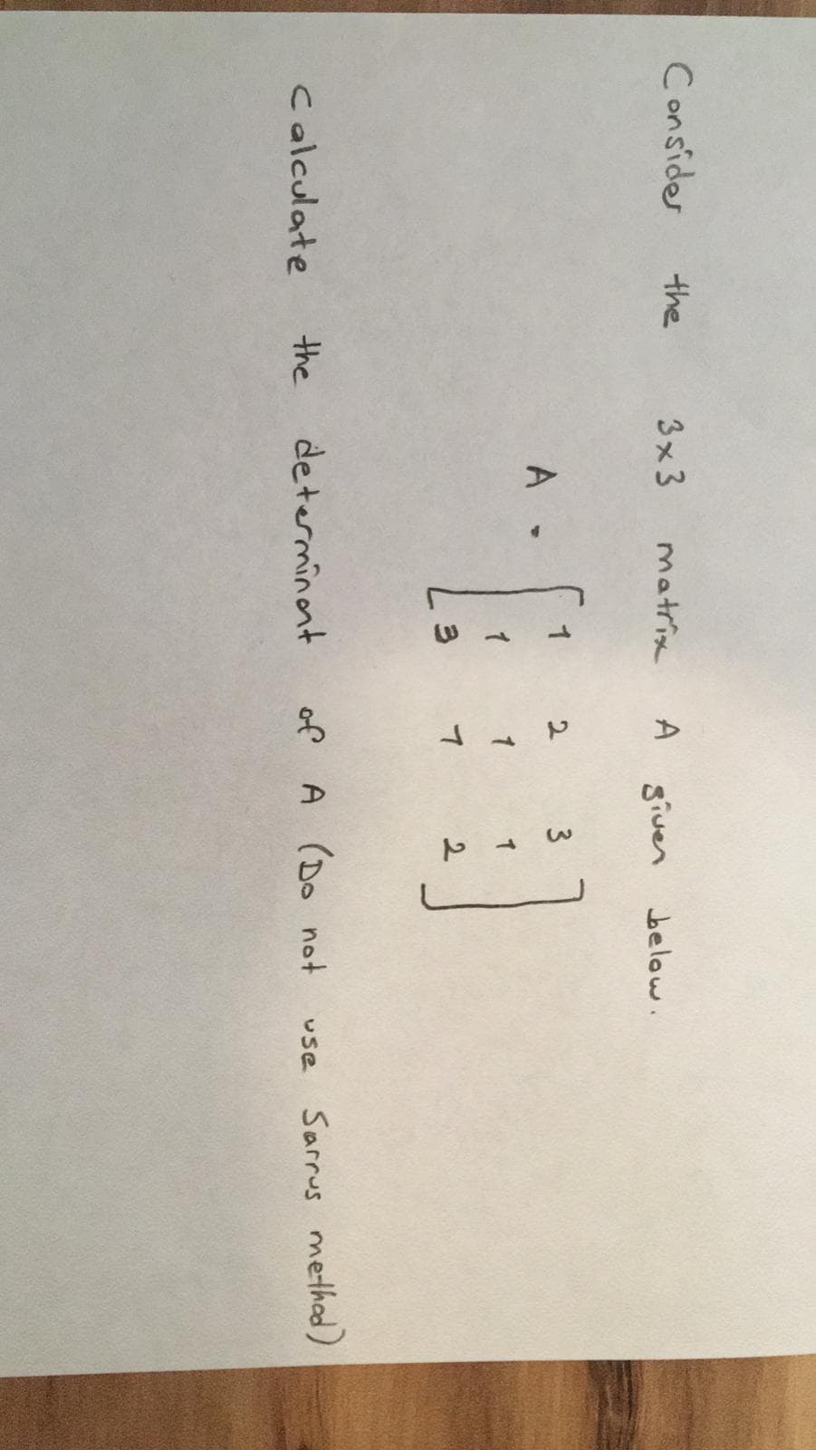 he
3x3
matrix
A siven
below.
1
2
A -
1
2.
the
determinont
of A (Do not
Sarrus n
Use
