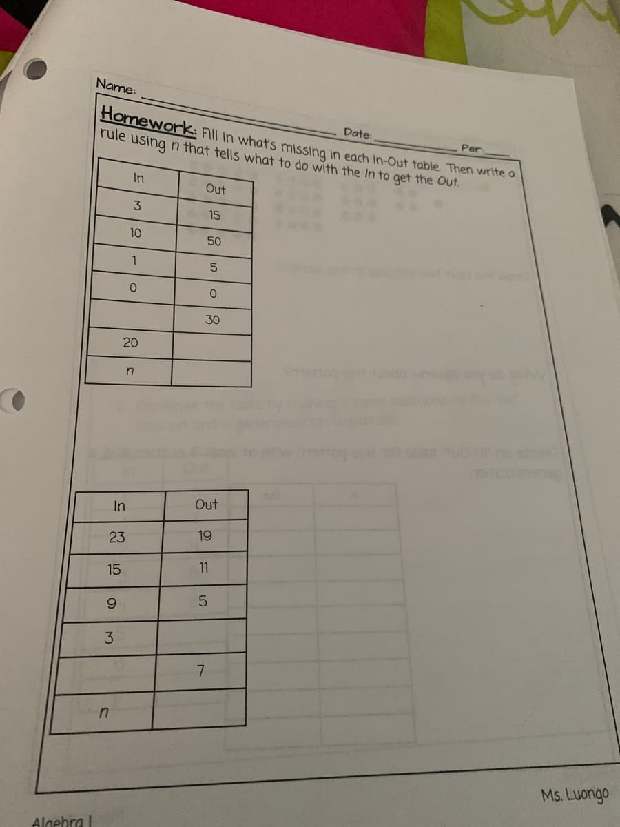 Name:
Homework: Fill in what's missing in each In-Out table Then write a
rule using n that tells what to do with the In to get the Out.
Date
Per
In
Out
3
15
10
50
1
30
20
aldot tu
Out
In
19
23
11
15
6.
3
Ms. Luongo
Algebra
