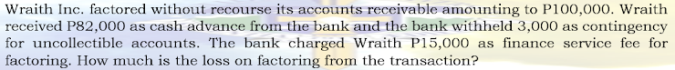 Wraith Inc. factored without recourse its accounts receivable amounting to P100,000. Wraith
received P82,000 as cash advance from the bank and the bank withheld 3,000 as contingency
for uncollectible accounts. The bank charged Wraith P15,000 as finance service fee for
factoring. How much is the loss on factoring from the transaction?
