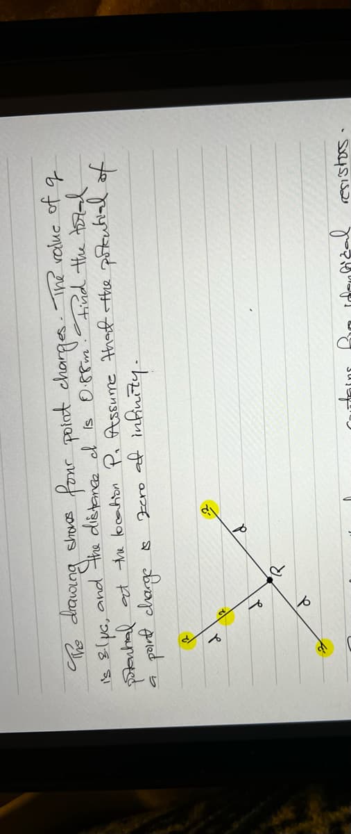 The drawing shows four point charges. The value of g
and the distance I is 0.88m. Find the total.
is 8.1µG,
potential at the location P. Assume that the potential of
point charge
S
Zero at infinity.
a
d
12
d
d
d
·lica
resistors