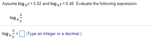 Assume log „x= 0.82 and log „y = 0.48. Evaluate the following expression.
log by
(Type an integer or a decimal.)
log b
