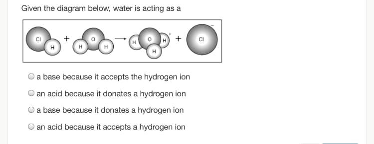 Given the diagram below, water is acting as a
+
a base because it accepts the hydrogen ion
an acid because it donates a hydrogen ion
O a base because it donates a hydrogen ion
an acid because it accepts a hydrogen ion
