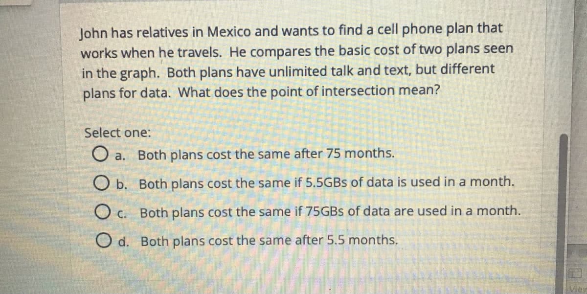 John has relatives in Mexico and wants to find a cell phone plan that
works when he travels. He compares the basic cost of two plans seen
in the graph. Both plans have unlimited talk and text, but different
plans for data. What does the point of intersection mean?
Select one:
O a. Both plans cost the same after 75 months.
O b. Both plans cost the same if 5.5GBS of data is used in a month.
O c. Both plans cost the same if 75GBS of data are used in a month.
O d. Both plans cost the same after 5.5 months.
