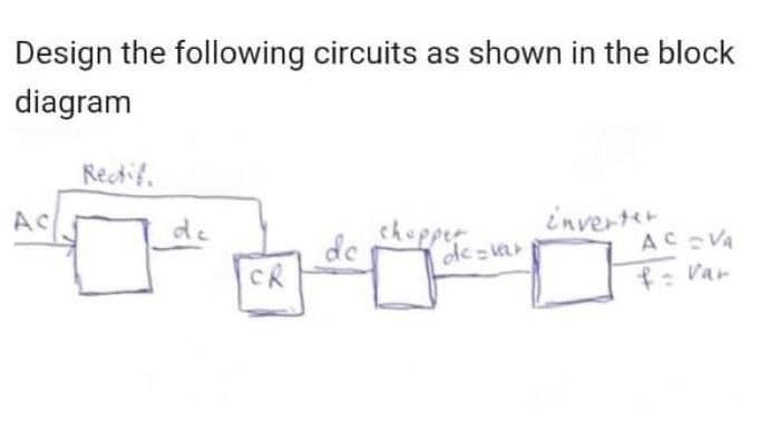 Design the following circuits as shown in the block
diagram
inverter
de
chopper
ACOVA
f = Var
Rectif.
de
CR
de=var