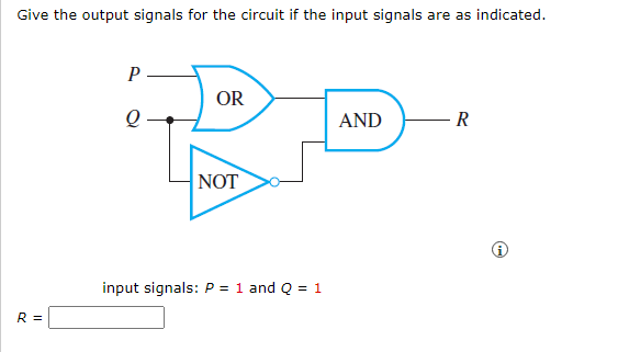 Give the output signals for the circuit if the input signals are as indicated.
R =
P
Q
OR
NOT
input signals: P = 1 and Q = 1
AND
R