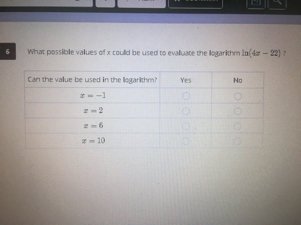 6.
What possible values of x could be used to evaluate the logarithm In(4x - 22) ?
Can the value be used in the logarithm?
Yes
No
T = -1
x = 2
x = 6
x = 10
