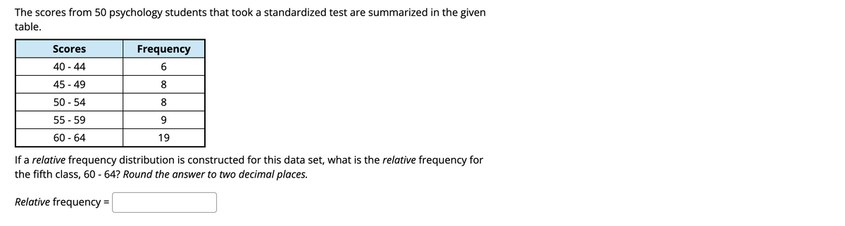 The scores from 50 psychology students that took a standardized test are summarized in the given
table.
Scores
40 - 44
45-49
50 - 54
55-59
60 - 64
Frequency
6
8
8
9
19
If a relative frequency distribution is constructed for this data set, what is the relative frequency for
the fifth class, 60 - 64? Round the answer to two decimal places.
Relative frequency =