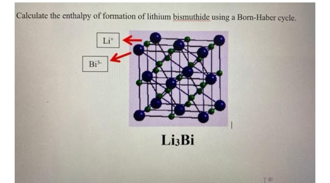 Calculate the enthalpy of formation of lithium bismuthide using a Born-Haber cycle.
Lit
Bi3-
LizBi
