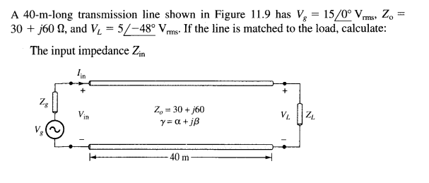 A 40-m-long transmission line shown in Figure 11.9 has V = 15/0° Vms, Z, =
30 + j60 N, and V = 5/-48° Vms- If the line is matched to the load, calculate:
The input impedance Zin
lin
Zg
Z, = 30 + j60
y= a + jB
VL
Vin
-40 m
