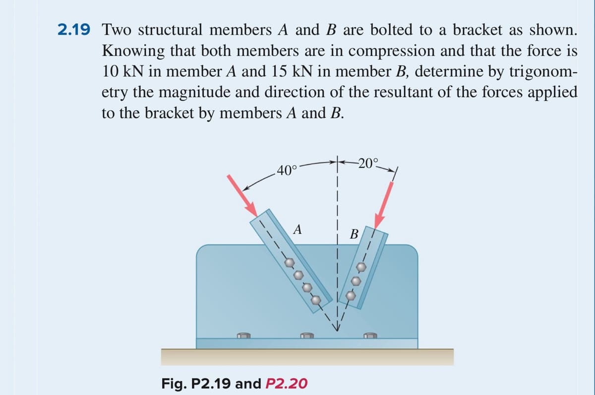 2.19 Two structural members A and B are bolted to a bracket as shown.
Knowing that both members are in compression and that the force is
10 kN in member A and 15 kN in member B, determine by trigonom-
etry the magnitude and direction of the resultant of the forces applied
to the bracket by members A and B.
--60000
.40°
A
Fig. P2.19 and P2.20
B