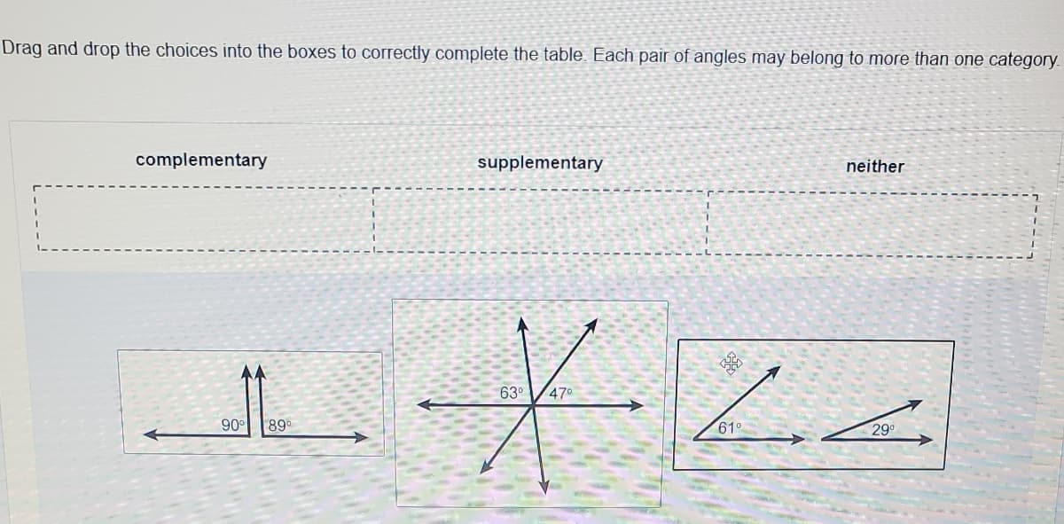Drag and drop the choices into the boxes to correctly complete the table. Each pair of angles may belong to more than one category.
complementary
supplementary
neither
63°
470
90
89
61°
290
