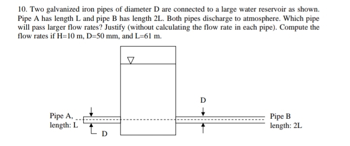 10. Two galvanized iron pipes of diameter D are connected to a large water reservoir as shown.
Pipe A has length L and pipe B has length 2L. Both pipes discharge to atmosphere. Which pipe
will pass larger flow rates? Justify (without calculating the flow rate in each pipe). Compute the
flow rates if H=10 m, D=50 mm, and L=61 m.
D
Pipe A,
length: L
Pipe B
length: 2L
