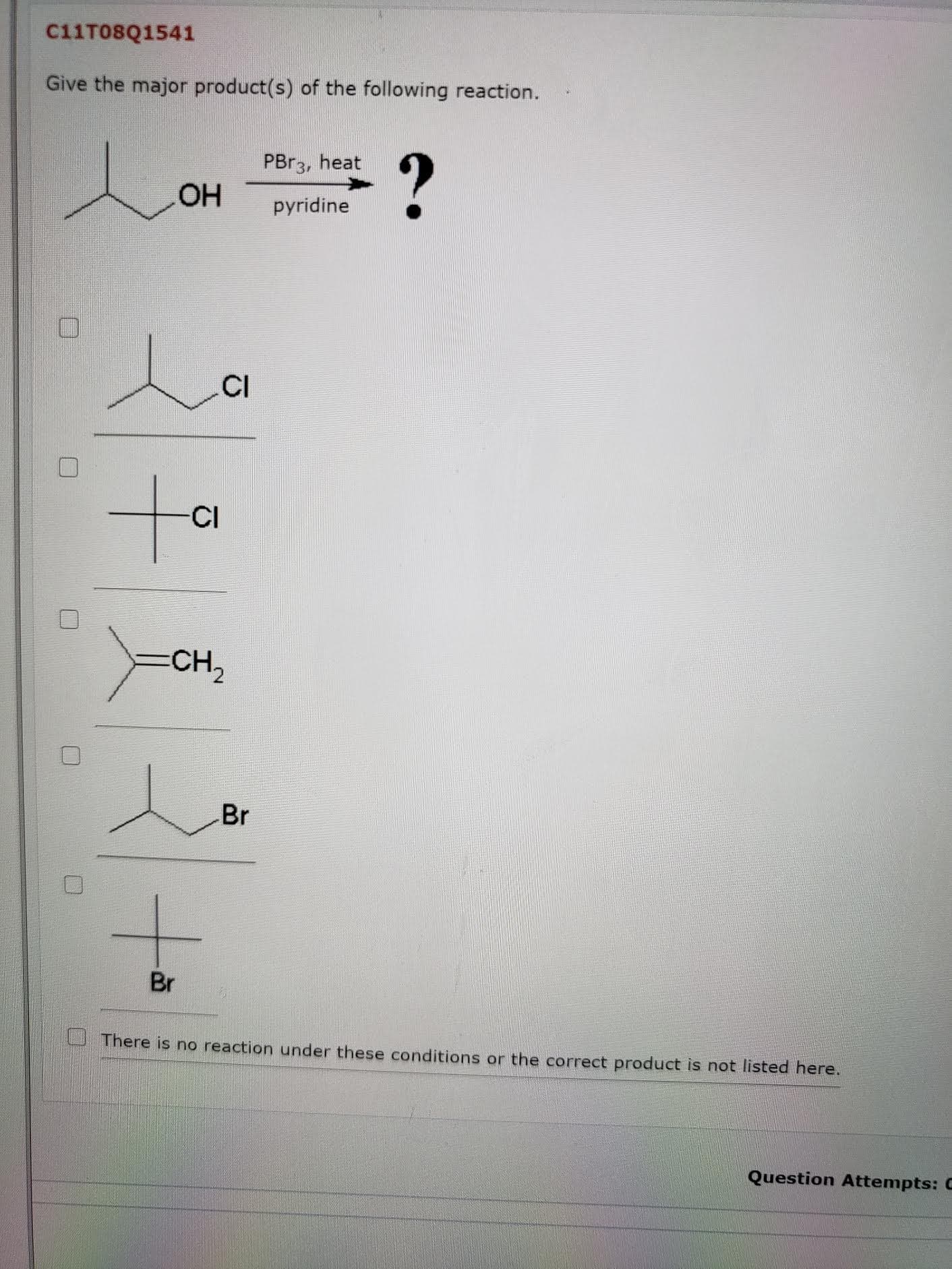 Give the major product(s) of the following reaction.
PBR3, heat
OH
pyridine
CI
to
-CI
ECH,
Br
Br
There is no reaction under these conditions or the correct product is not listed here.
