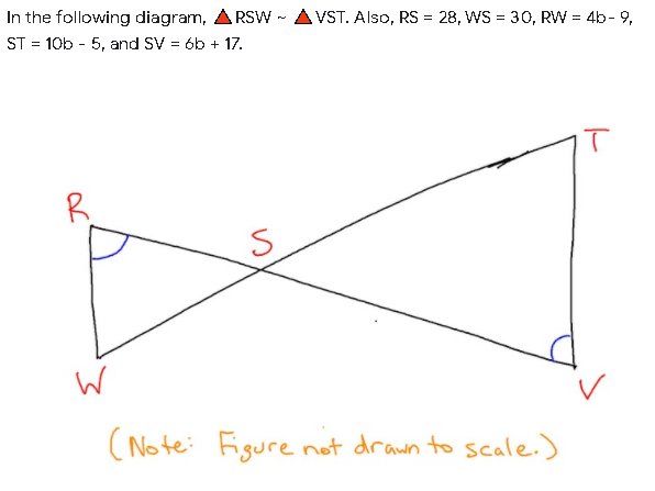 In the following diagram, ARSW - AVST. Also, RS = 28, WS = 30, RW = 4b- 9,
ST = 10b - 5, and SV = ób + 17.
%3D
(Note: Figure not drawn to scale.)
