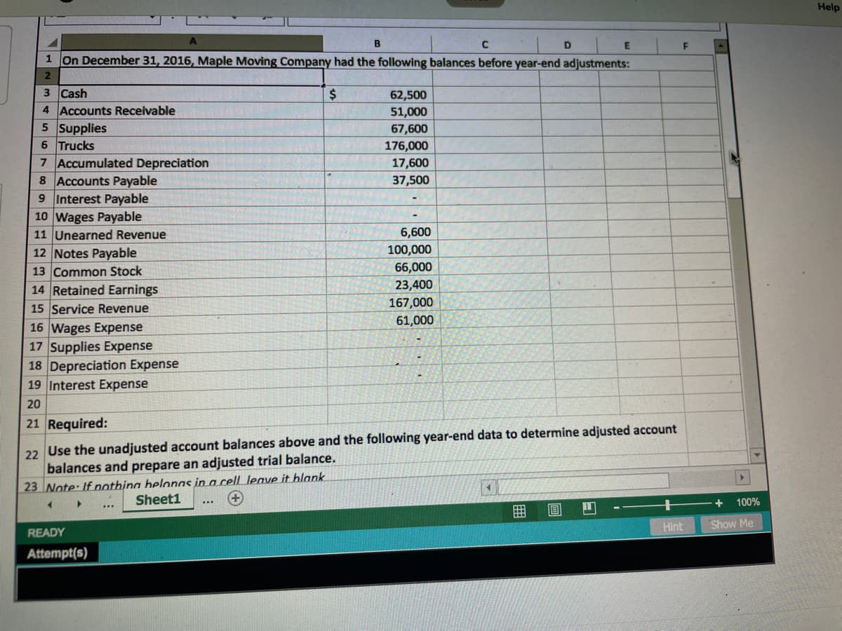 Help
B.
D
1
On December 31, 2016, Maple Moving Company had the following balances before year-end adjustments:
3 Cash
2$
62,500
4 Accounts Receivable
5 Supplies
6 Trucks
7 Accumulated Depreciation
8 Accounts Payable
9 Interest Payable
10 Wages Payable
11 Unearned Revenue
12 Notes Payable
13 Common Stock
14 Retained Earnings
15 Service Revenue
51,000
67,600
176,000
17,600
37,500
6,600
100,000
66,000
23,400
167,000
61,000
16 Wages Expense
17 Supplies Expense
18 Depreciation Expense
19 Interest Expense
20
21 Required:
22 Use the unadjusted account balances above and the following year-end data to determine adjusted account
balances and prepare an adjusted trial balance.
23 Note: If nothing belonas in a cell leave it blank
Sheet1
100%
...
Hint
Show Me
READY
Attempt(s)
