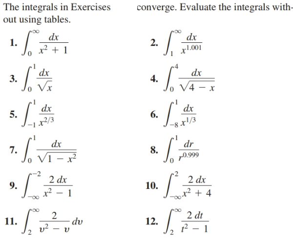 The integrals in Exercises
out using tables.
converge. Evaluate the integrals with-
dx
dx
x.001
1.
2.
x² + 1
dx
dx
3.
4.
V4 - x
Vx
dx
dx
5.
6.
-8x/3
T72/3
7. Lv
dx
dr
8.
V1 – x²
p0.999
2 dx
x² + 4
2 dx
x² -
9.
10.
1
2 dt
· dv
v² – v
11.
12.
t² – 1
