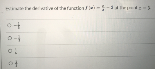 Estimate the derivative of the function f (x) = -3 at the point a = 3.
%3D
