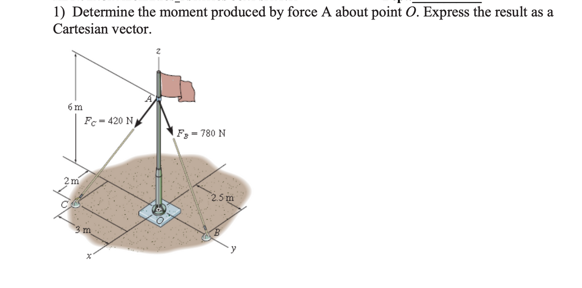 1) Determine the moment produced by force A about point O. Express the result as a
Cartesian vector.
6 m
Fc = 420 N
F3 = 780 N
2m
2.5 m
3 m
y
