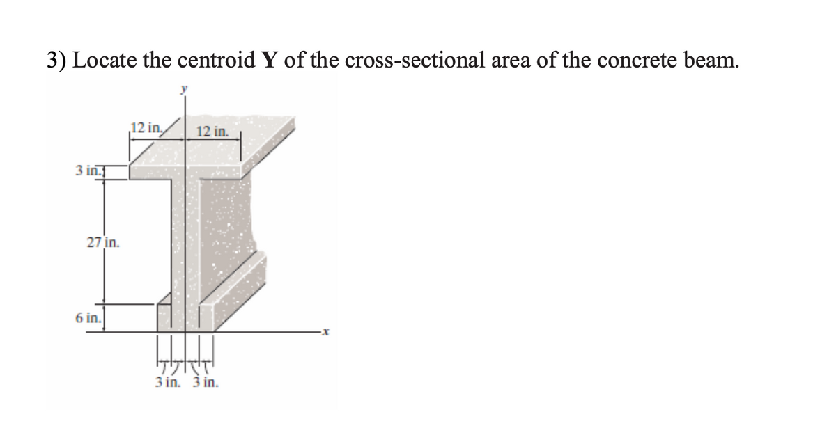 3) Locate the centroid Y of the cross-sectional area of the concrete beam.
12 in
12 in.
3 in.
27 in.
6 in.
-x
3 in. 3 in.

