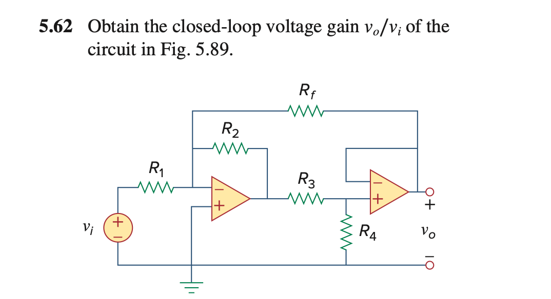 5.62 Obtain the closed-loop voltage gain vo/v; of the
circuit in Fig. 5.89.
Rf
R2
R,
R3
R4
Vi
Q+ • 10
