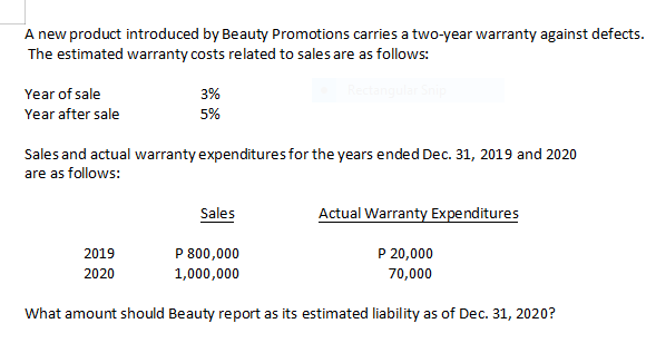 A new product introduced by Beauty Promotions carries a two-year warranty against defects.
The estimated warranty costs related to sales are as follows:
Year of sale
3%
Year after sale
5%
Sales and actual warranty expenditures for the years ended Dec. 31, 2019 and 2020
are as follows:
Sales
Actual Warranty Expenditures
2019
P 800,000
P 20,000
2020
1,000,000
70,000
What amount should Beauty report as its estimated liability as of Dec. 31, 2020?
