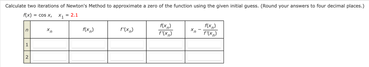 Calculate two iterations of Newton's Method to approximate a zero of the function using the given initial guess. (Round your answers to four decimal places.)
f(x)
= COS X,
X1
= 2.1
f(x,)
F'(x,)
f(x,)
f'(x,)
f(x,)
f'(xn)
in
1
