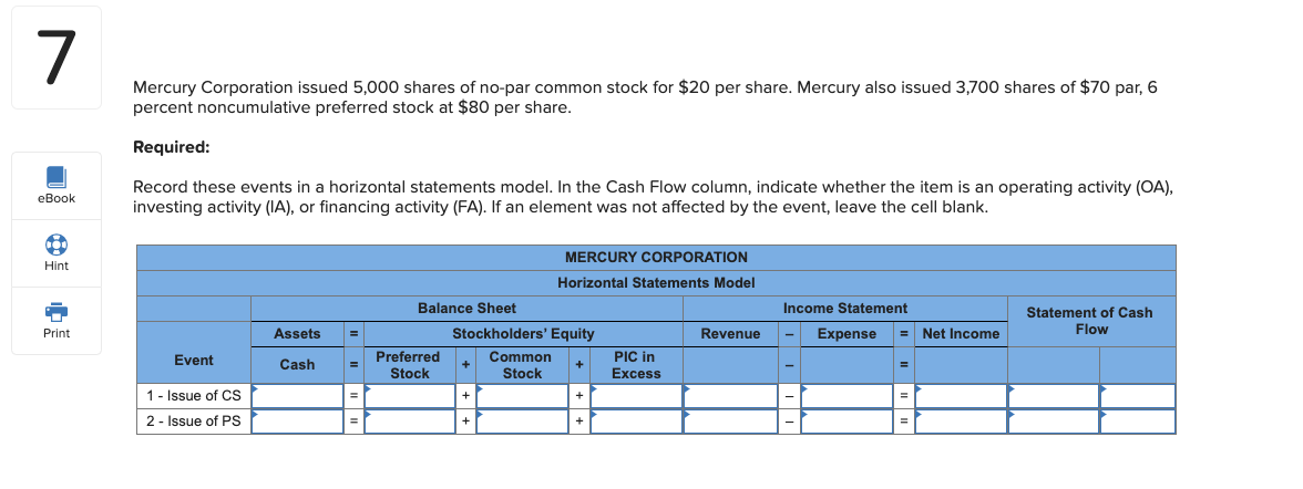 Mercury Corporation issued 5,000 shares of no-par common stock for $20 per share. Mercury also issued 3,700 shares of $70 par, 6
percent noncumulative preferred stock at $80 per share.
Required:
Record these events in a horizontal statements model. In the Cash Flow column, indicate whether the item is an operating activity (OA).
investing activity (IA), or financing activity (FA). If an element was not affected by the event, leave the cell blank.
MERCURY CORPORATION
Horizontal Statements Model
Balance Sheet
Income Statement
Statement of Cash
Flow
Stockholders' Equity
Common
Stock
Revenue
Expense
- Net Income
Assets
Preferred
PIC in
Cash
Event
Stock
Excess
1- Issue of CS
2 - Issue of PS
