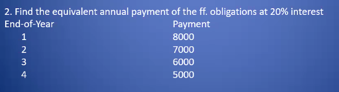 2. Find the equivalent annual payment of the ff. obligations at 20% interest
End-of-Year
Payment
1
HNm
2
3
4
8000
7000
6000
5000