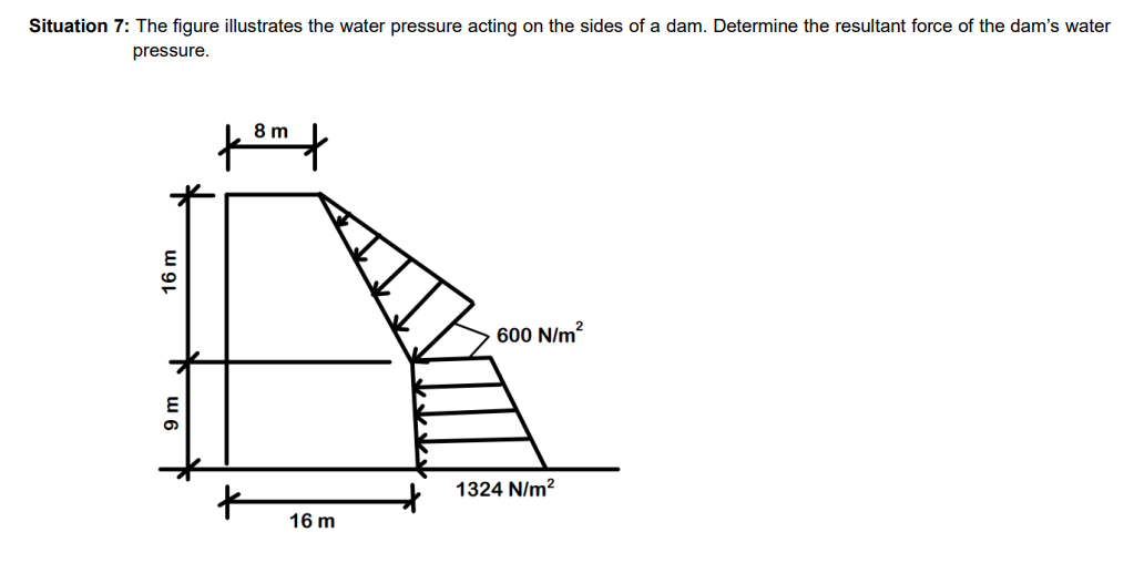 Situation 7: The figure illustrates the water pressure acting on the sides of a dam. Determine the resultant force of the dam's water
pressure.
16 m
9 m
↑
8
from t
16 m
600 N/m²
1324 N/m²