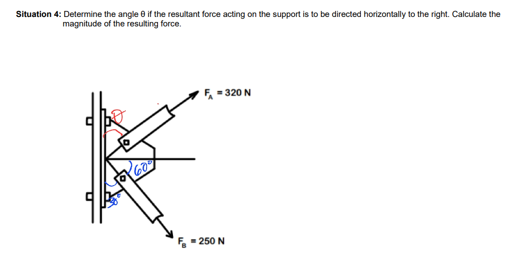 Situation 4: Determine the angle 0 if the resultant force acting on the support is to be directed horizontally to the right. Calculate the
magnitude of the resulting force.
F₁ = 320 N
= 250 N