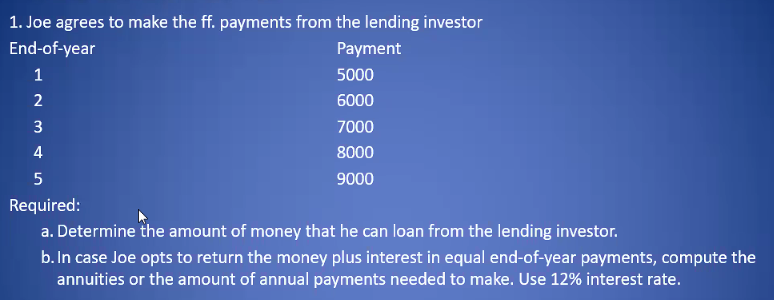 1. Joe agrees to make the ff. payments from the lending investor
End-of-year
1
2
3
4
Payment
5000
6000
7000
8000
9000
5
Required:
a. Determine the amount of money that he can loan from the lending investor.
b. In case Joe opts to return the money plus interest in equal end-of-year payments, compute the
annuities or the amount of annual payments needed to make. Use 12% interest rate.