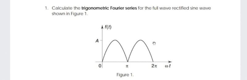 1. Calculate the trigonometric Fourier series for the full wave rectified sine wave
shown in Figure 1.
A f(t)
A
m.
2n oot
Figure 1.
0