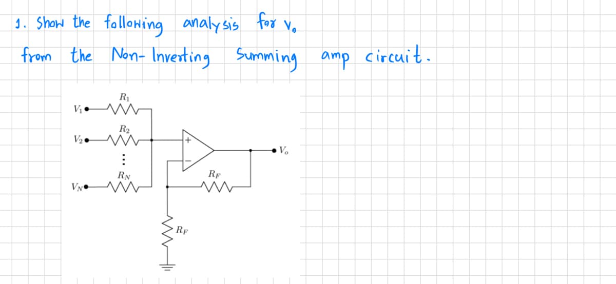 1. Show the following analysis for vo
from the Non- Inverting Summing amp circuit.
V₁
R₁
ww
R₂
V₂. www
#p
RF
RN
RF
VN
V₂