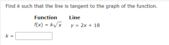 Find k such that the line is tangent to the graph of the function.
Function
Line
f(x) = k√x
y = 2x + 18
k=