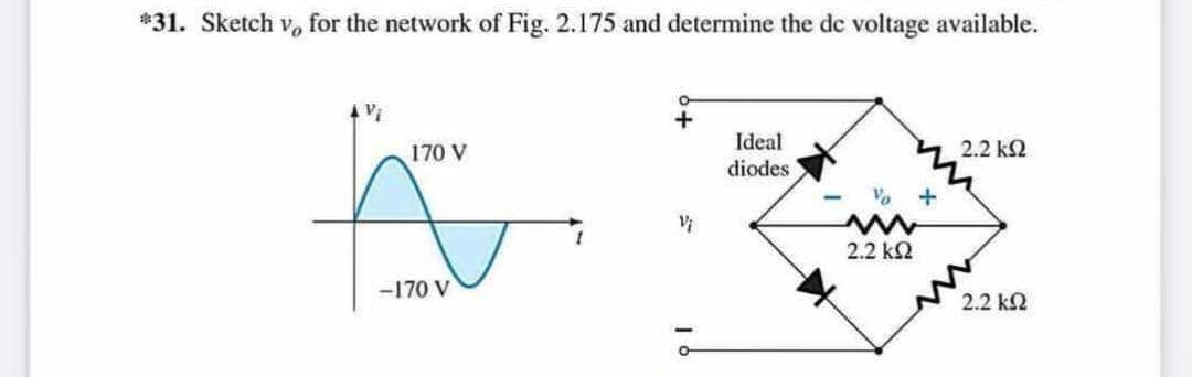 *31. Sketch v, for the network of Fig. 2.175 and determine the de voltage available.
Ideal
diodes
170 V
2.2 k2
2.2 k2
-170 V
2.2 k2

