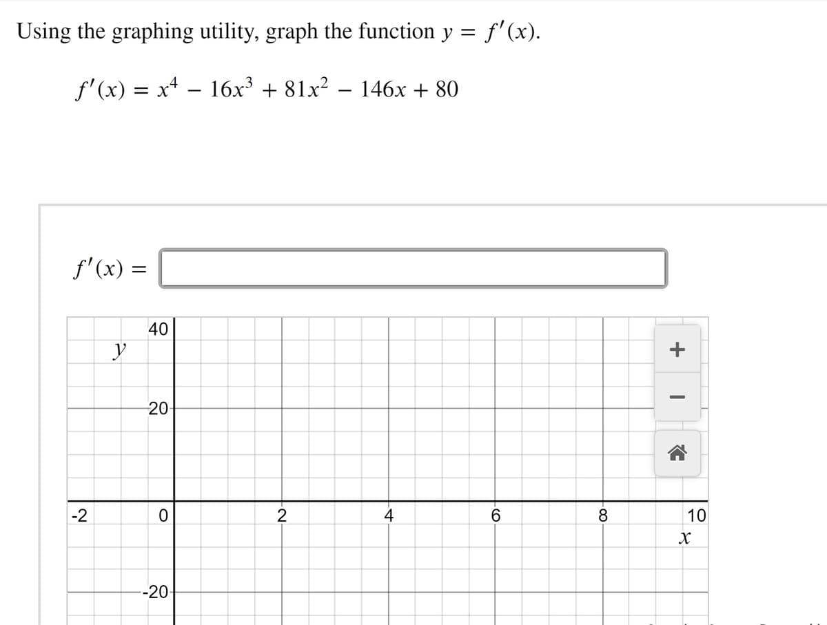 Using the graphing utility, graph the function y = f'(x).
f'(x) = x* – 16x³ + 81x² – 146x + 80
f' (x)
=
40
20
-2
2
4
6.
10
--20-
