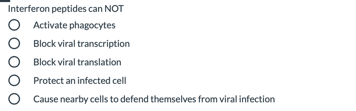 Interferon peptides can NOT
Activate phagocytes
Block viral transcription
Block viral translation
Protect an infected cell
Cause nearby cells to defend themselves from viral infection
