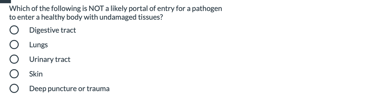Which of the following is NOT a likely portal of entry for a pathogen
to enter a healthy body with undamaged tissues?
O Digestive tract
O Lungs
O Urinary tract
O Skin
O Deep puncture or trauma
