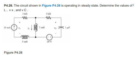 P4.26. The circuit shown in Figure P4.26 is operating in steady state. Determine the values of i
L, vx, and v C.
3 k
3 kl
15 mA
7 mH
I uF
5 mH
20 V
Figure P4.26
