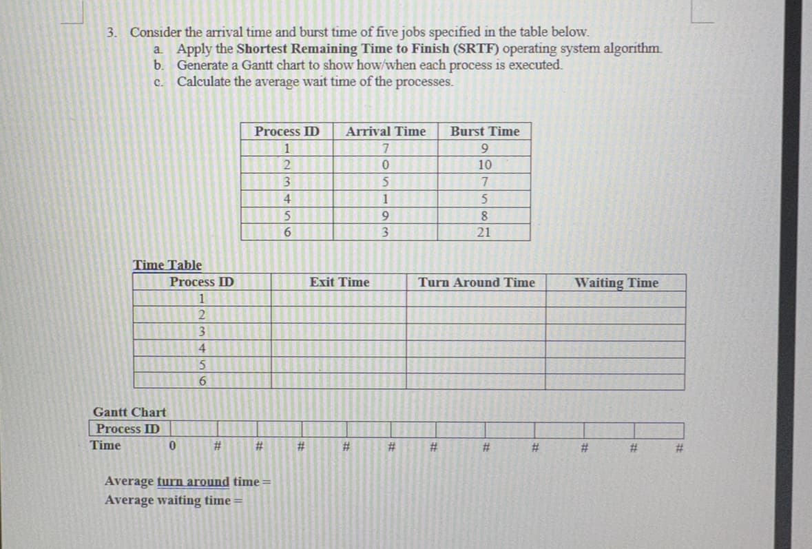 3. Consider the arrival time and burst time of five jobs specified in the table below.
a. Apply the Shortest Remaining Time to Finish (SRTF) operating system algorithm
b. Generate a Gantt chart to show how/when each process is executed.
C. Calculate the average wait time of the processes.
Time Table
Time
III!
Gantt Chart
Process ID
Process ID
0
1
2
3
4
5
6
#
Process ID
1
2
3
#
Average turn around time=
Average waiting time
456
5
#
Arrival Time
7
0
5
1
9
3
Exit Time
#
#
Burst Time
9
10
7
5
8
21
Turn Around Time
#
#
#
Waiting Time
#
#
#